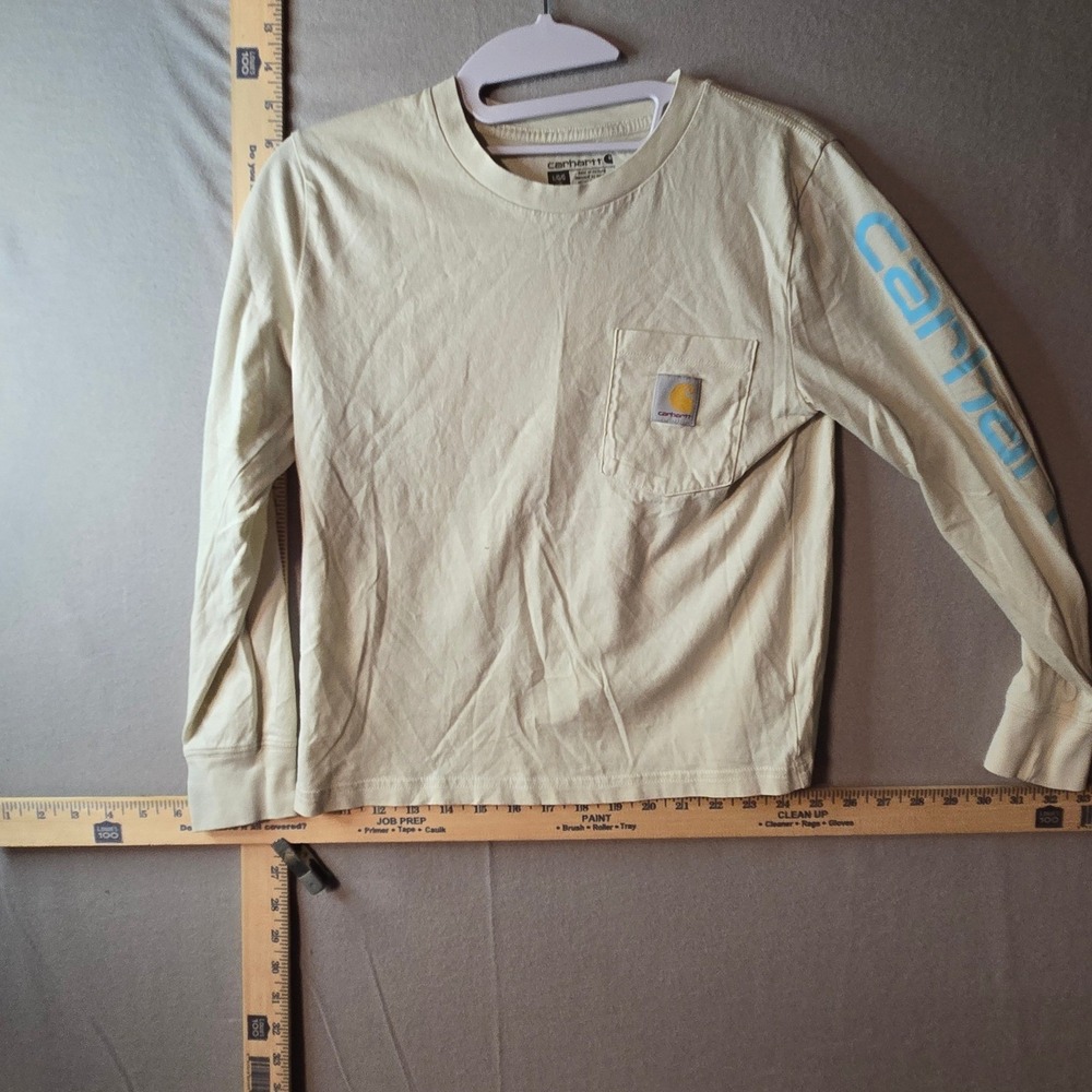 Carhartt Boys Large 12 Long Sleeve Pocket T-Shirt Tan Blue Graphic Logo Tee